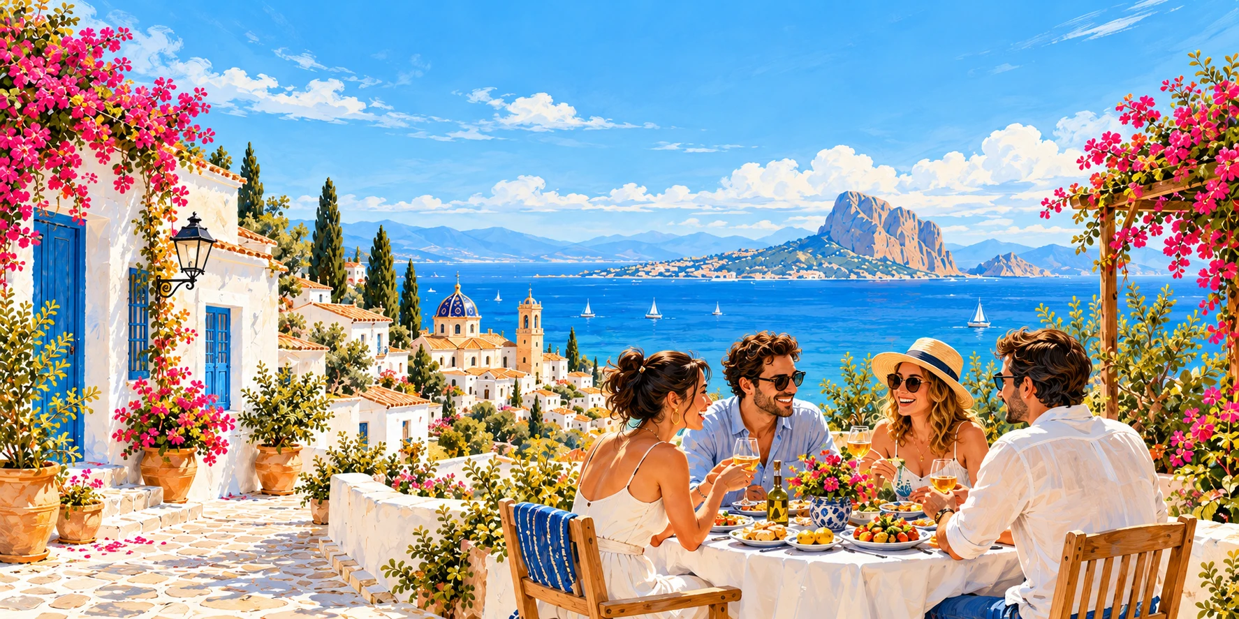 Ilustración de amigos compartiendo mesa en una terraza mediterránea, con casas blancas, flores y el Peñón de Ifach al fondo