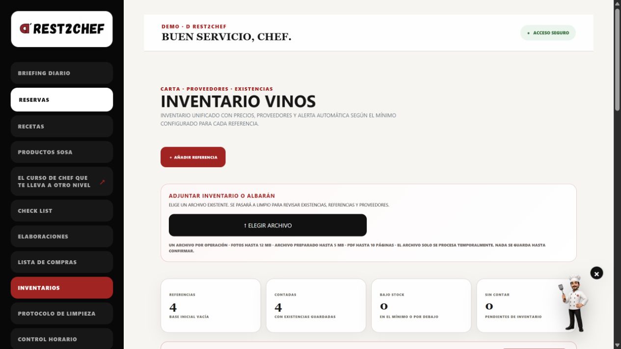 Real screenshot of the D REST2CHEF wine inventory