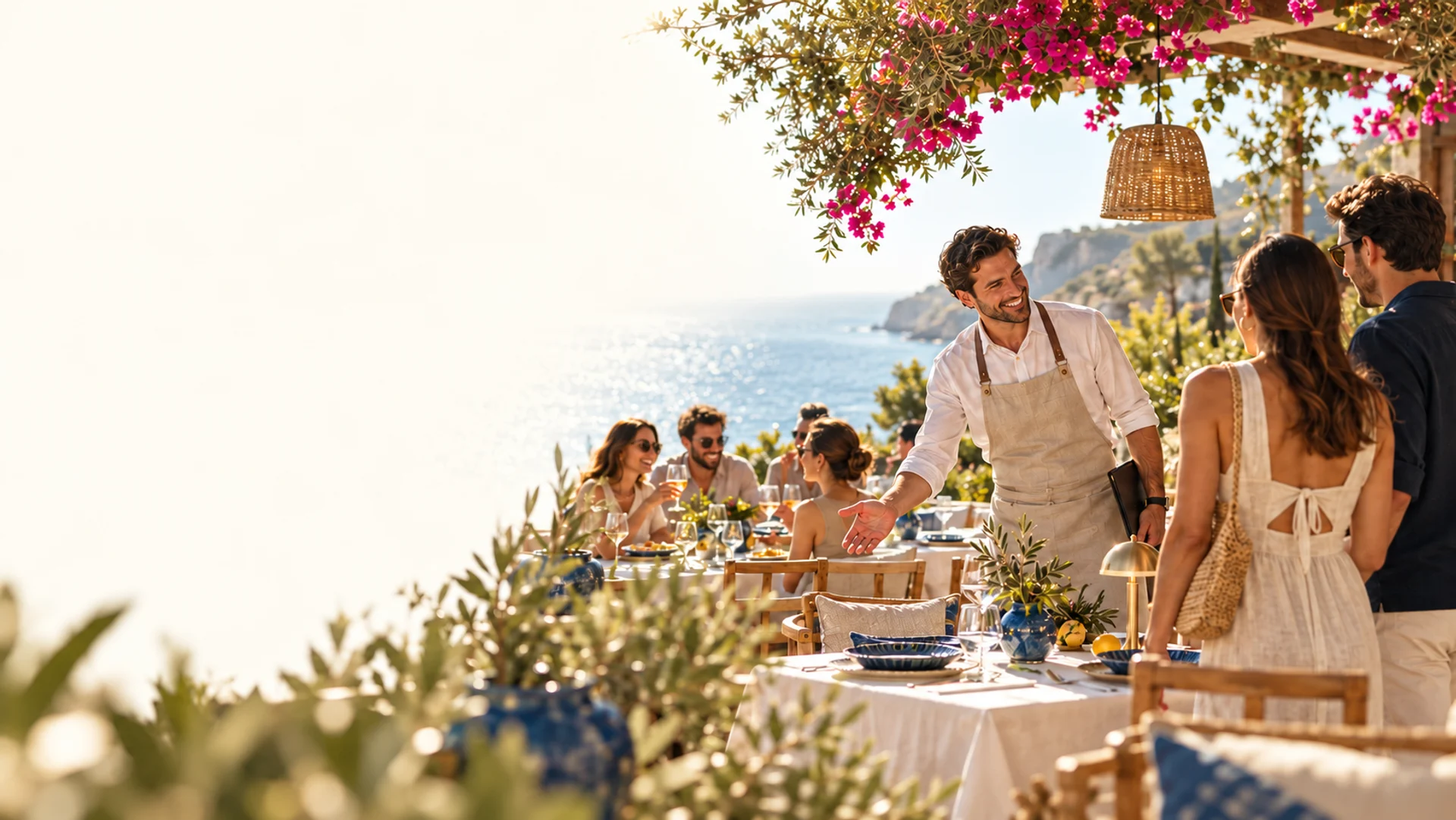 Escena creada con IA de una bienvenida en una terraza mediterránea